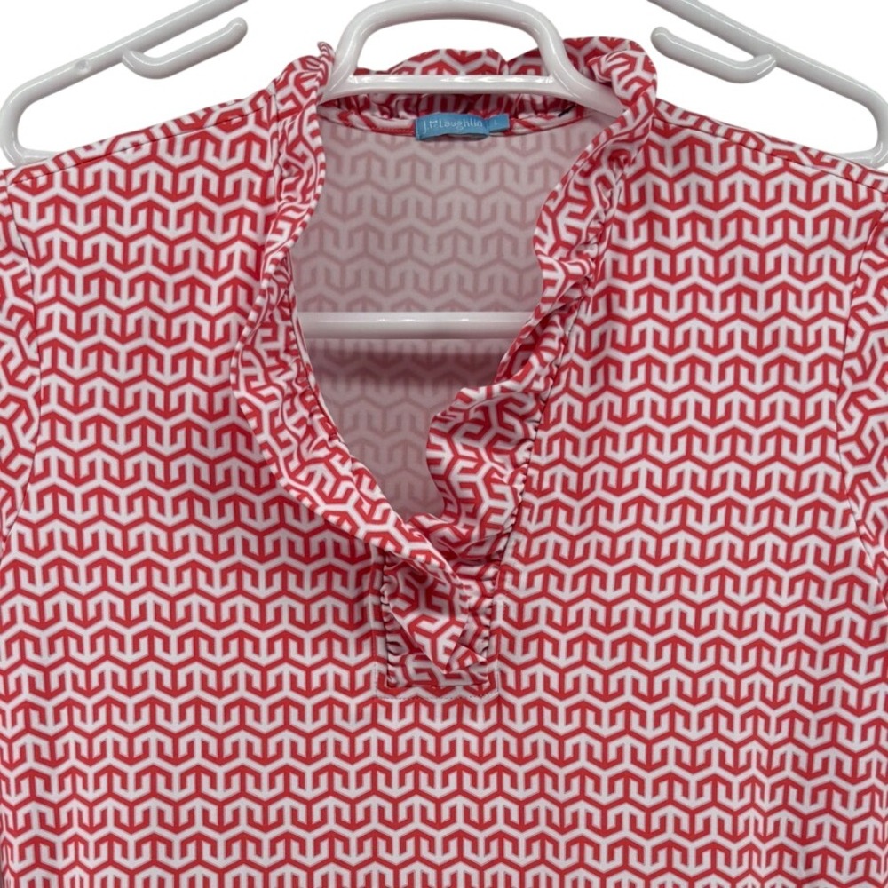 J.McLaughlin Red White Geometric Ruffle Neck 3/4 Sleeve Top Large